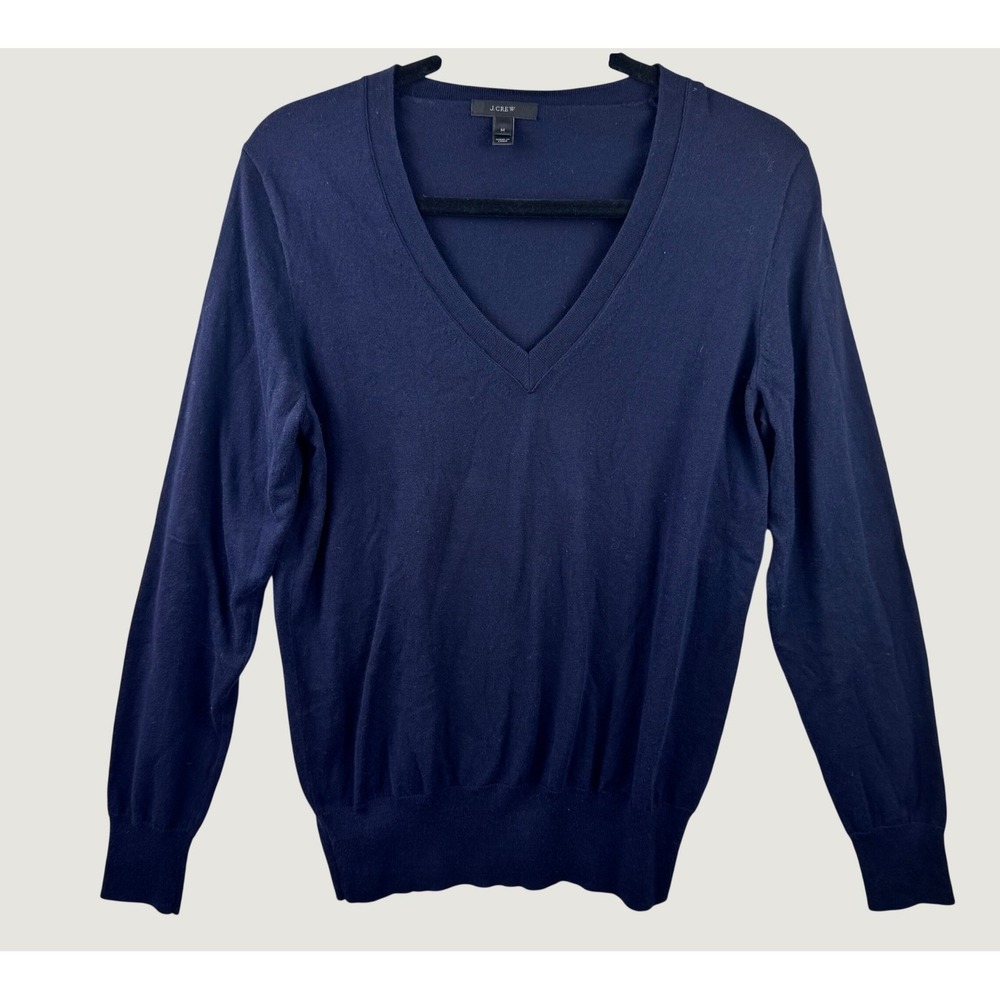 J.Crew V-Neck Sweater Women Medium Navy Blue Cotton Knit Long Sleeve Preppy Core